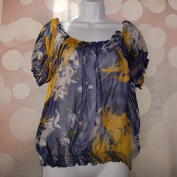 CALVIN KLEIN blue yellow chiffon underlay top blouse S - Picture 1 of 6